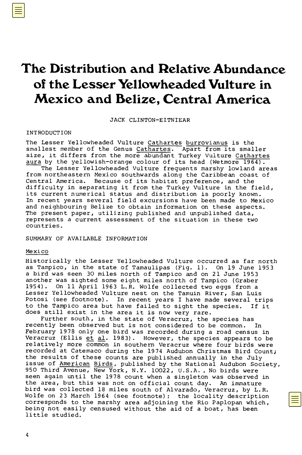 The Distribution and Relative Abundance of the Lesser Yellow-Headed Vulture in Mexico and Belize, Central America