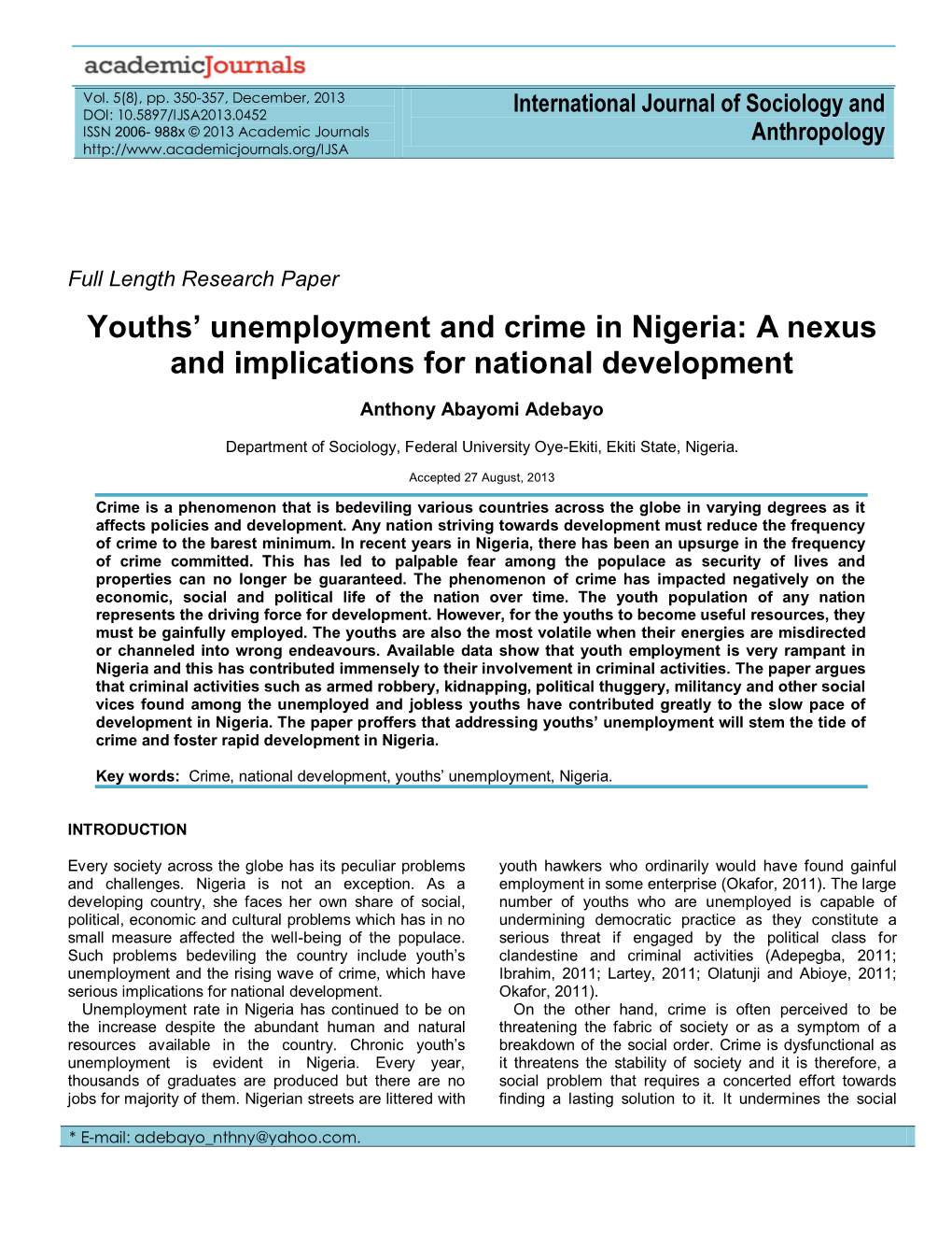 Youth Unemployment and Crime in Nigeria: a Nexus