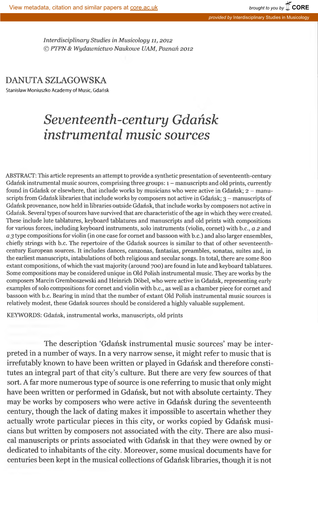 Seventeenth-Century Gdansk Instrumental Music Sources