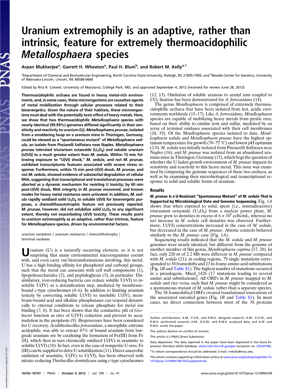 Uranium Extremophily Is an Adaptive, Rather Than Intrinsic, Feature for Extremely Thermoacidophilic Metallosphaera Species