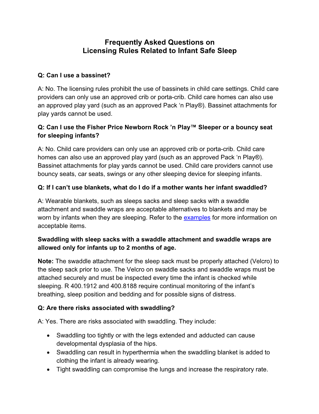 Frequently Asked Questions on Licensing Rules Related to Infant Safe Sleep
