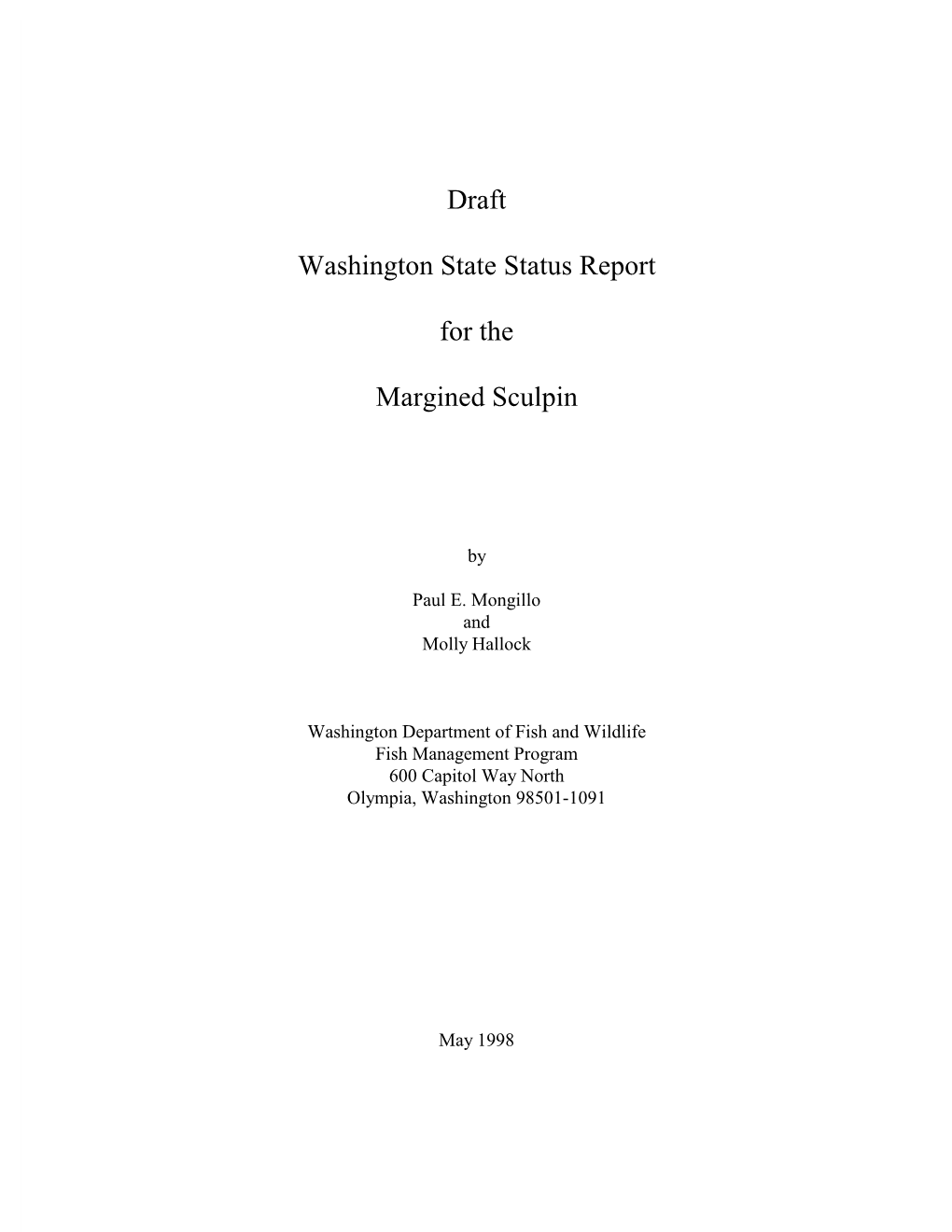 Draft WA State Status Report for the Margined Sculpin