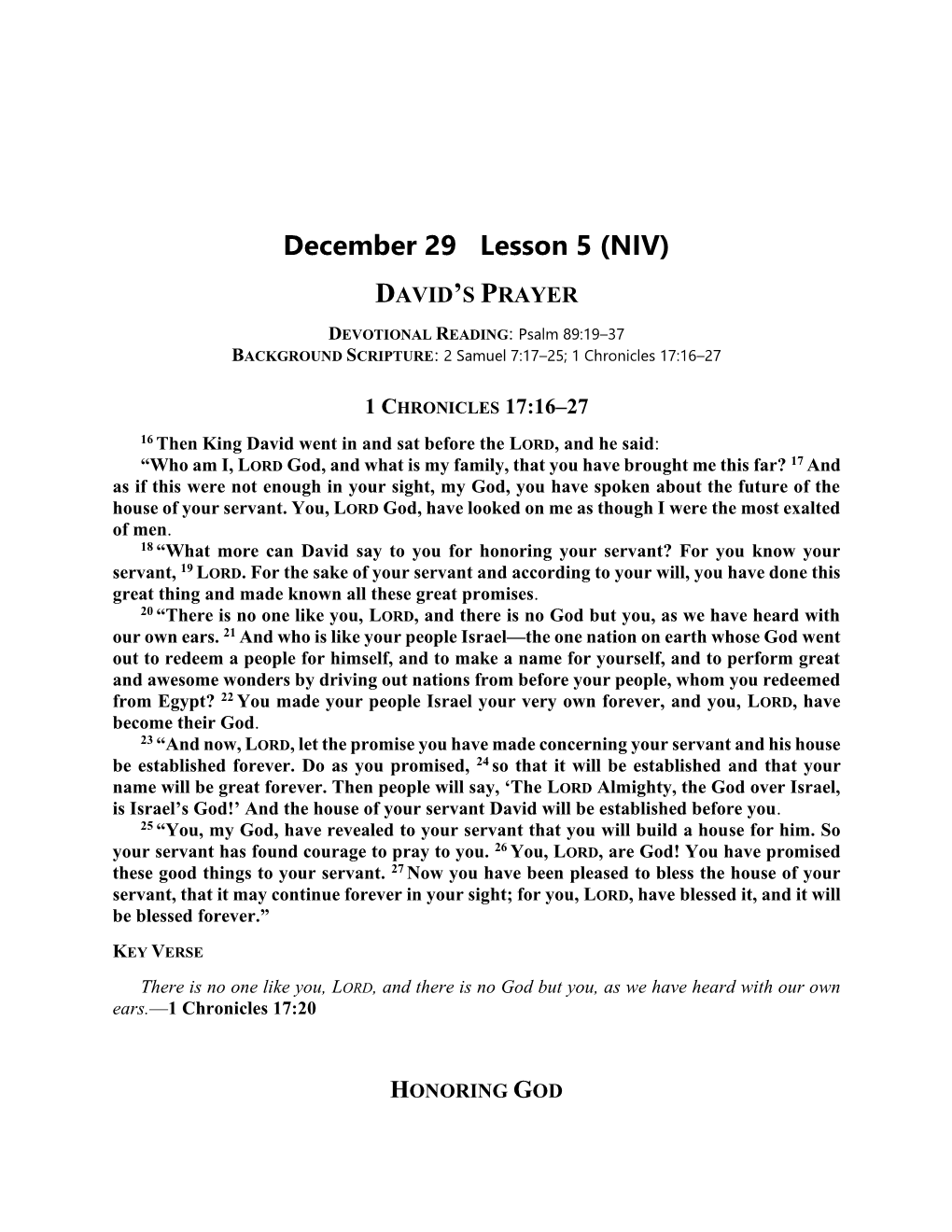 December 29 Lesson 5 (NIV) DAVID's PRAYER