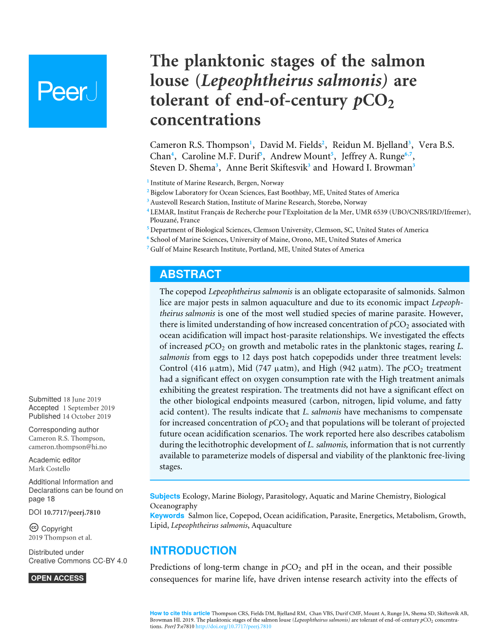 The Planktonic Stages of the Salmon Louse (Lepeophtheirus Salmonis) Are Tolerant of End-Of-Century Pco2 Concentrations