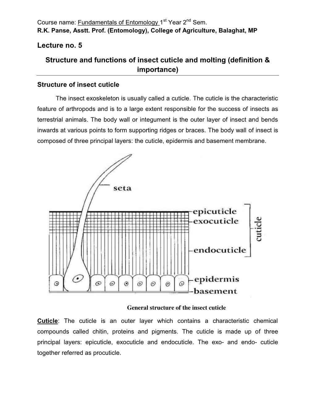 Lecture No. 5 Structure and Functions of Insect Cuticle and Molting