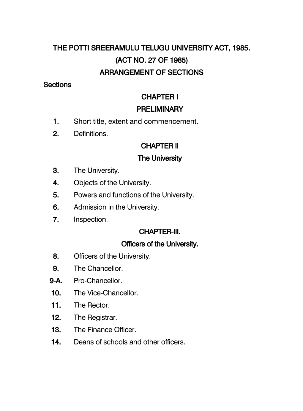 The Potti Sreeramulu Telugu University Act, 1985. (Act No