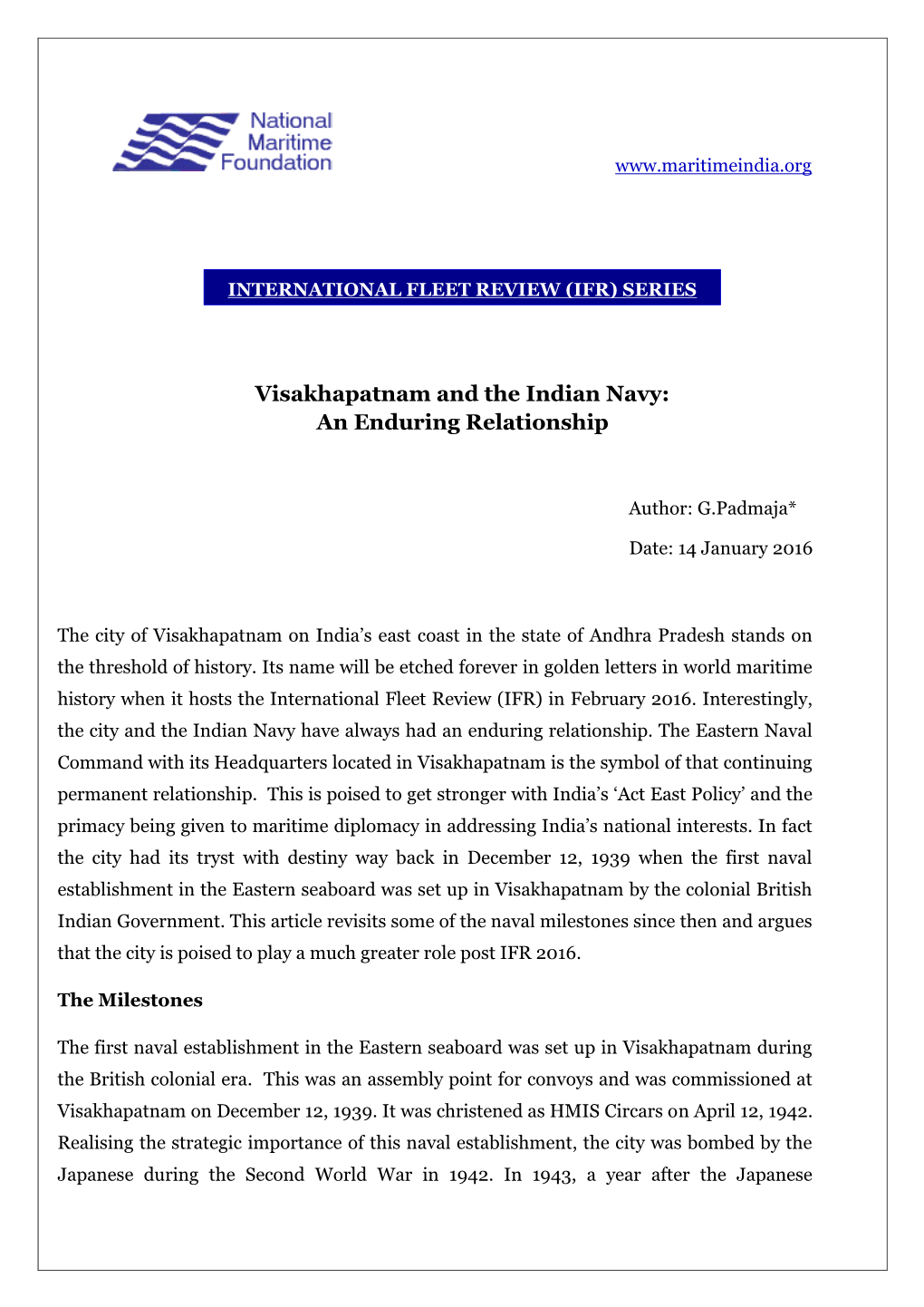 Visakhapatnam and the Indian Navy: an Enduring Relationship