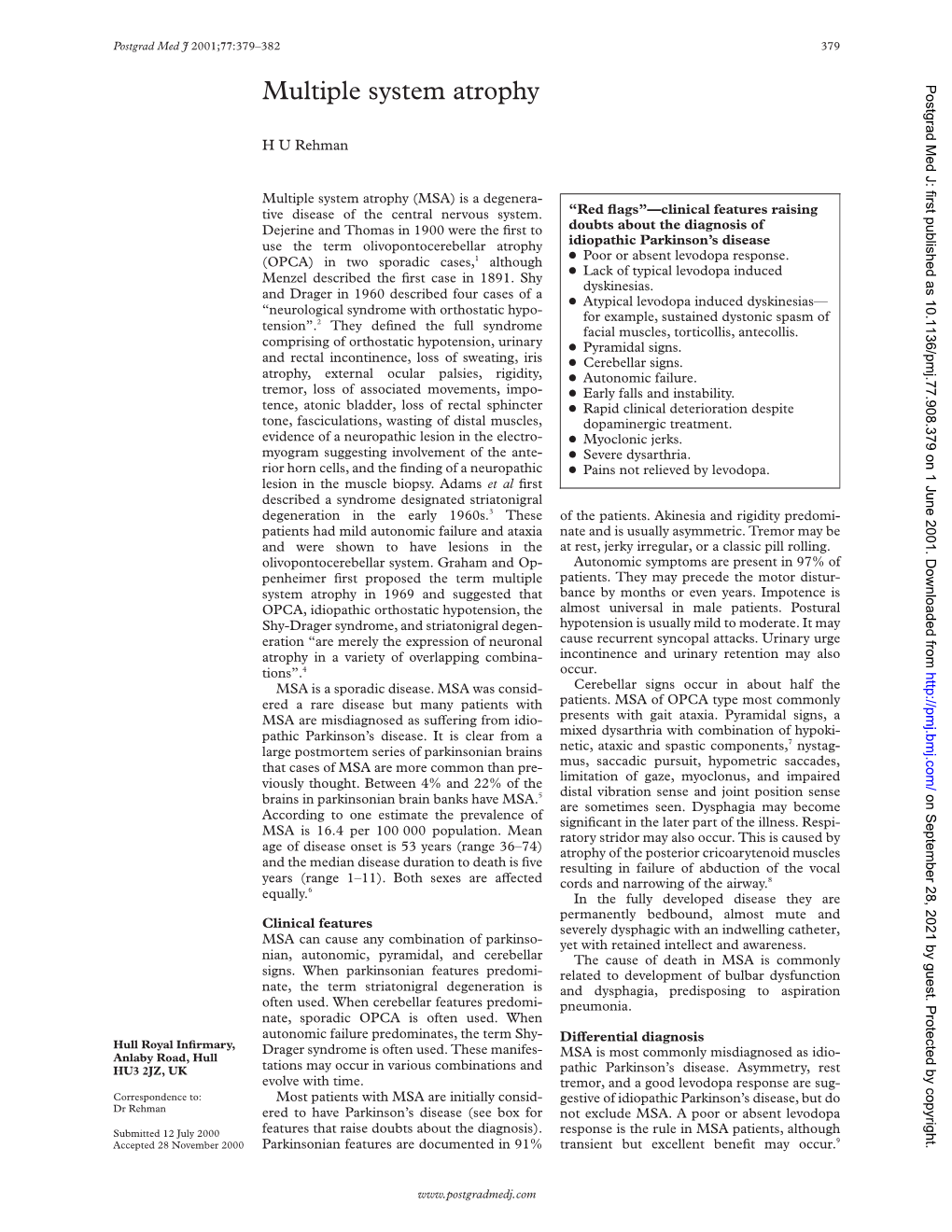 Multiple System Atrophy Postgrad Med J: First Published As 10.1136/Pmj.77.908.379 on 1 June 2001