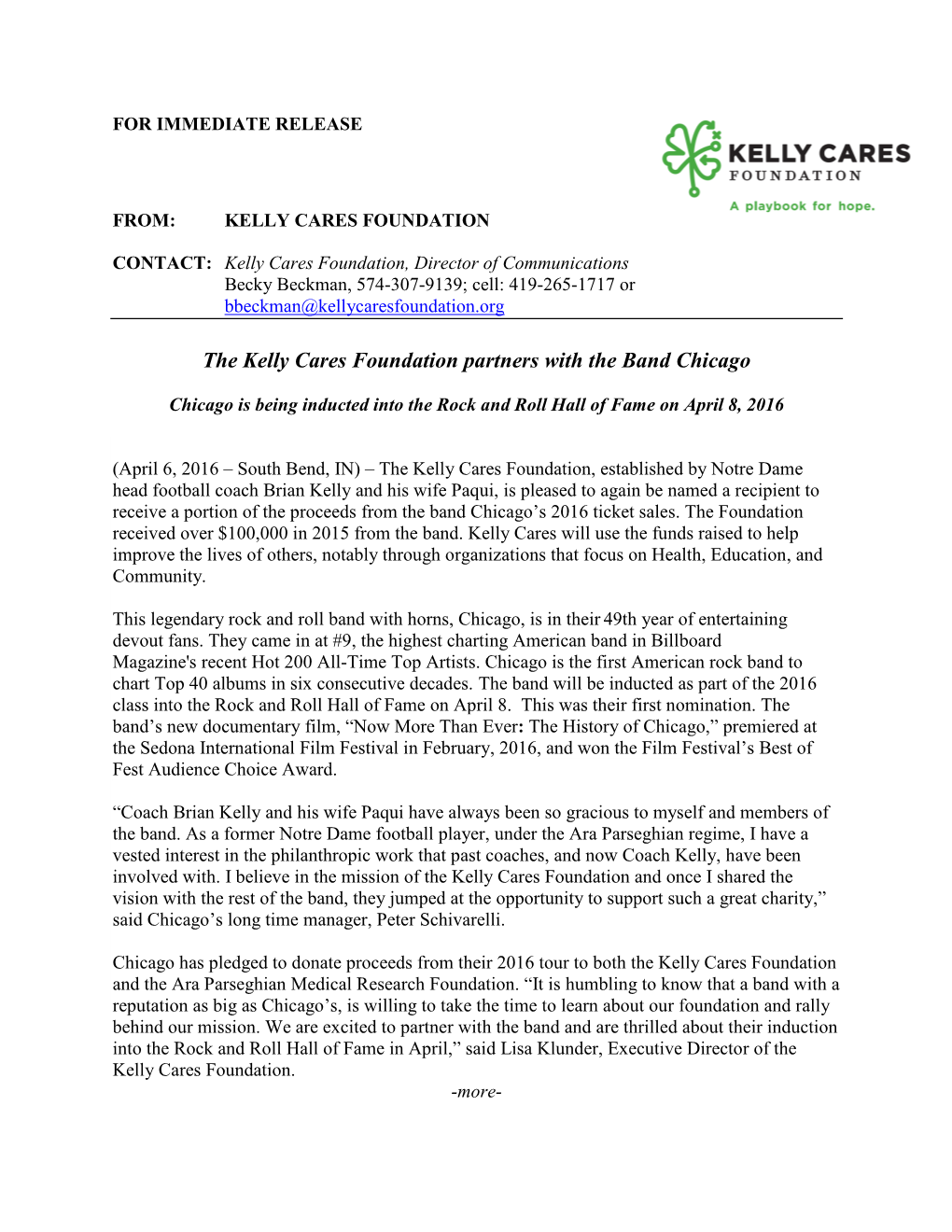 The Kelly Cares Foundation Partners with the Band Chicago