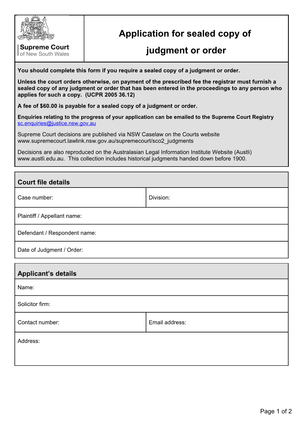 Application for Sealed Copy of Judgment Or Order