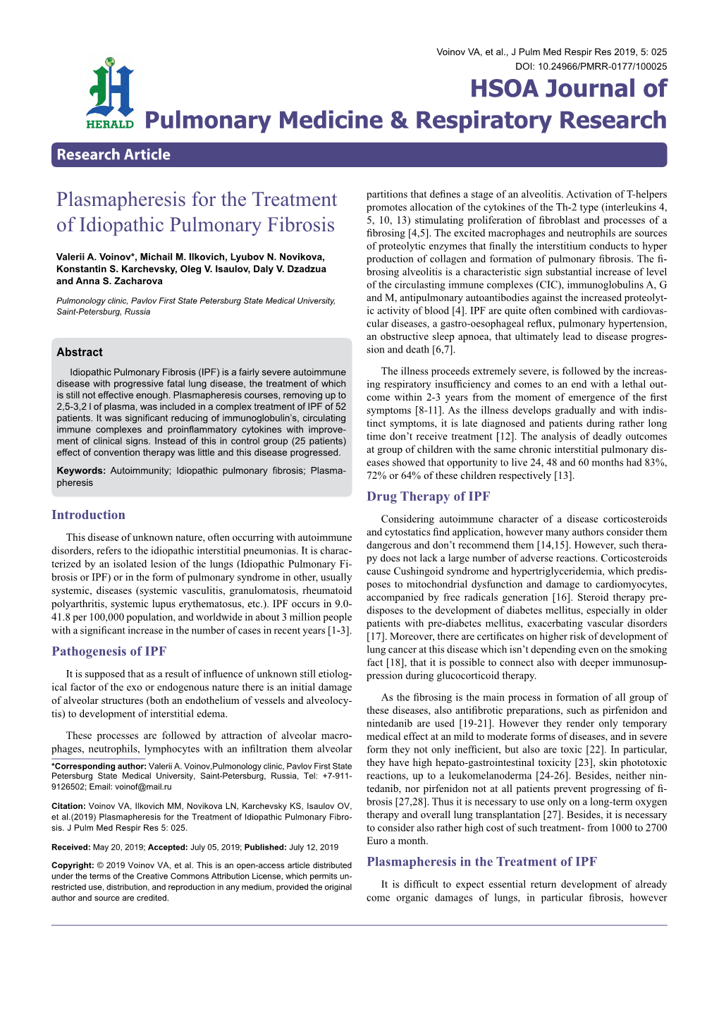 Plasmapheresis for the Treatment of Idiopathic Pulmonary Fibro- Therapy and Overall Lung Transplantation [27]