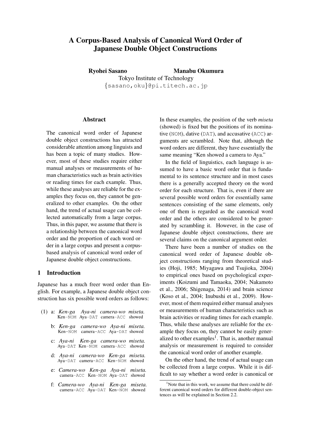 A Corpus-Based Analysis of Canonical Word Order of Japanese Double Object Constructions