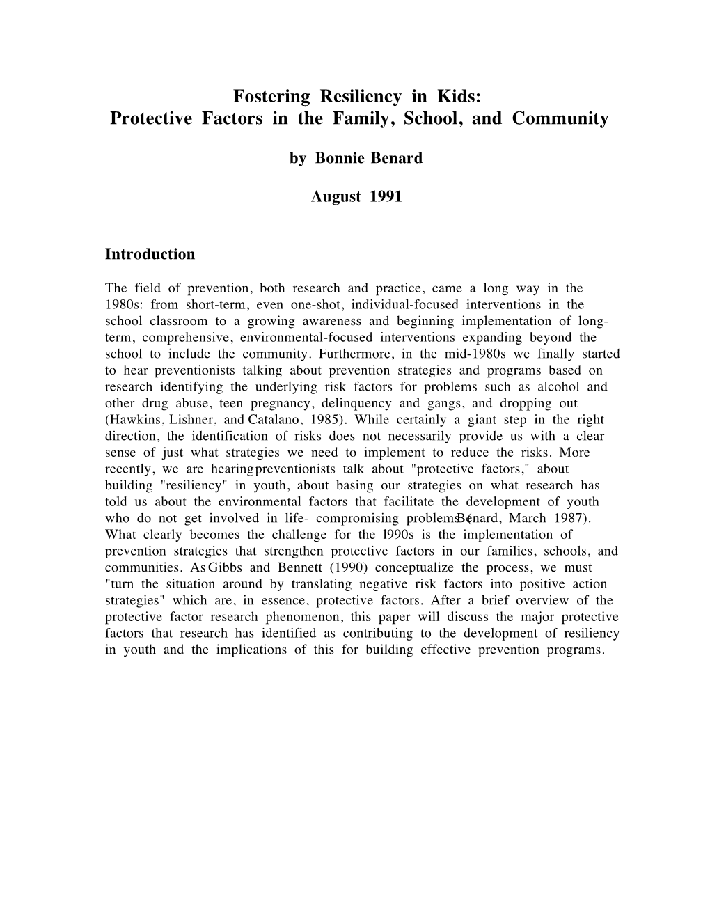Protective Factors in the Family, School, and Community