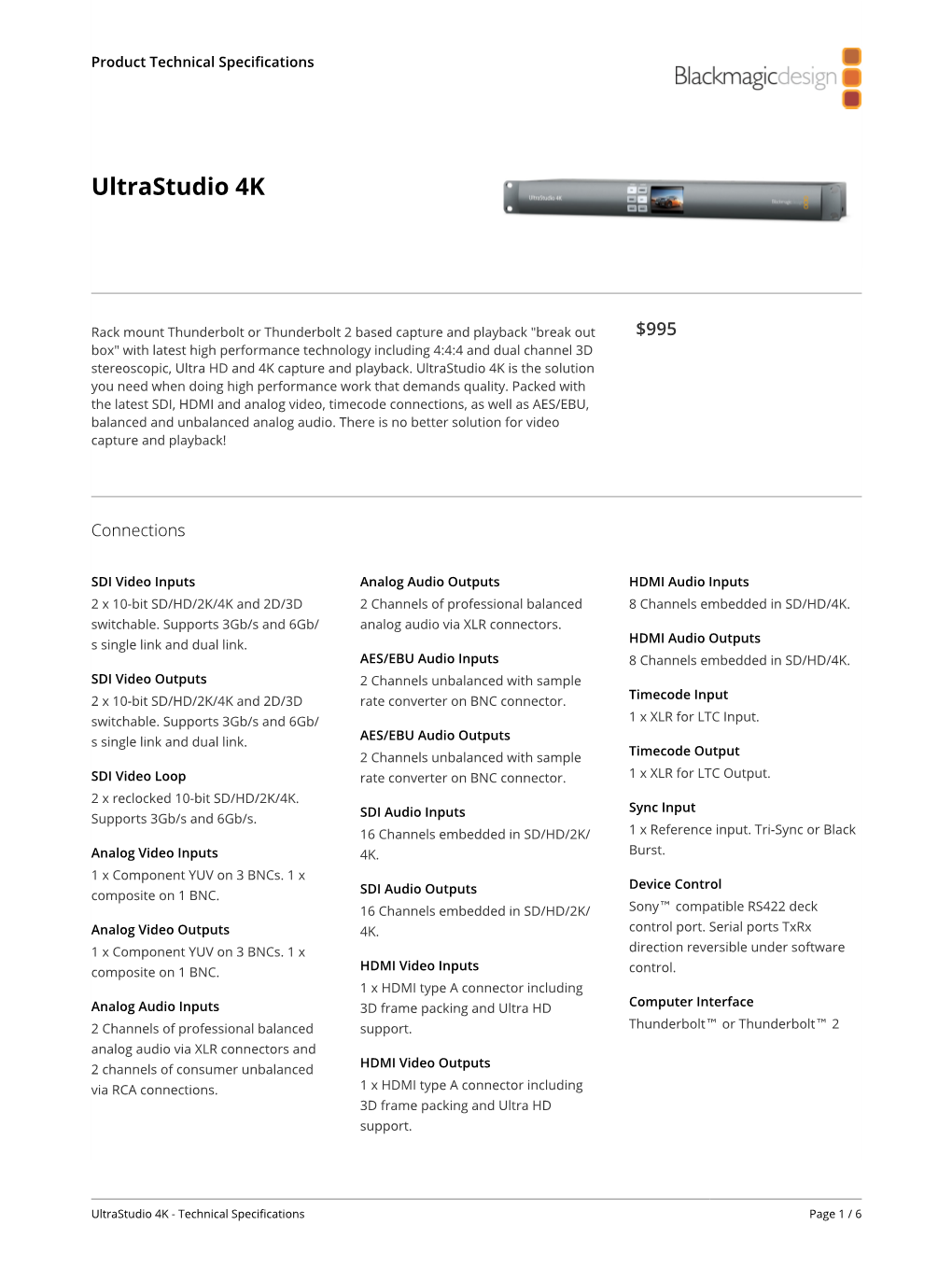 Ultrastudio 4K Techspecs