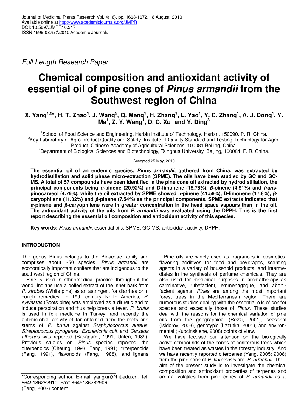 Chemical Composition and Antioxidant Activity of Essential Oil of Pine Cones of Pinus Armandii from the Southwest Region of China