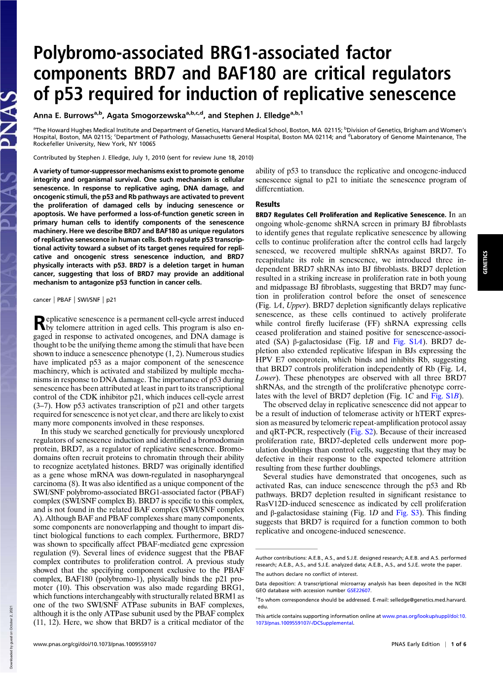 Polybromo-Associated BRG1-Associated Factor Components BRD7 and BAF180 Are Critical Regulators of P53 Required for Induction of Replicative Senescence