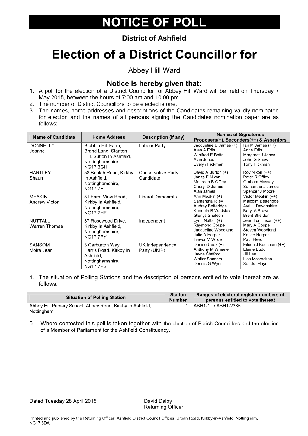 NOTICE of POLL Election of a District Councillor