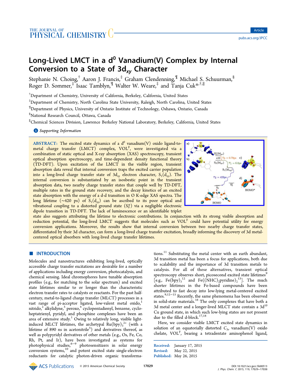 Long-Lived LMCT in a D0 Vanadium(V) Complex by Internal Conversion to a State of 3Dxy Character † ‡ ¶ § Stephanie N
