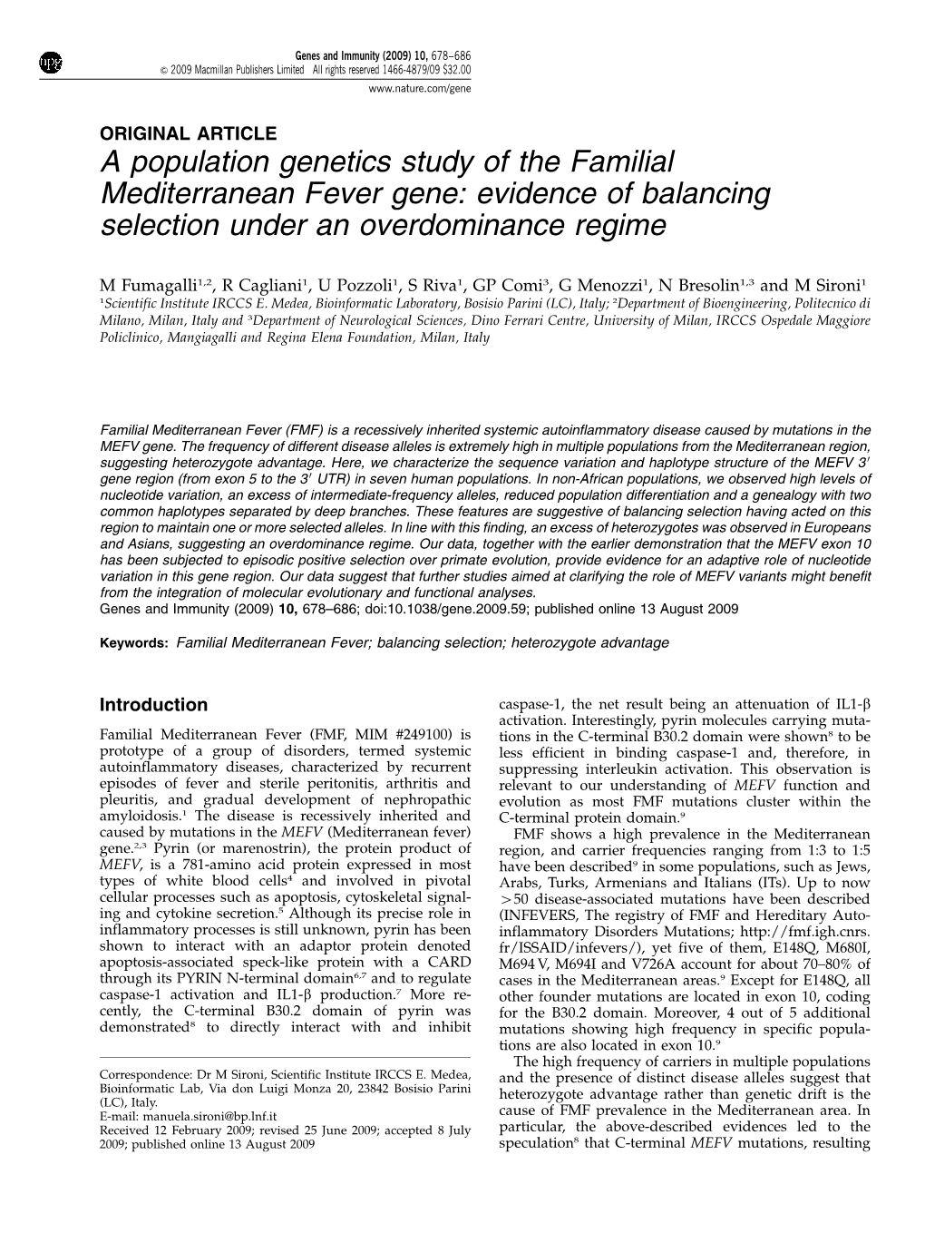 A Population Genetics Study of the Familial Mediterranean Fever Gene: Evidence of Balancing Selection Under an Overdominance Regime