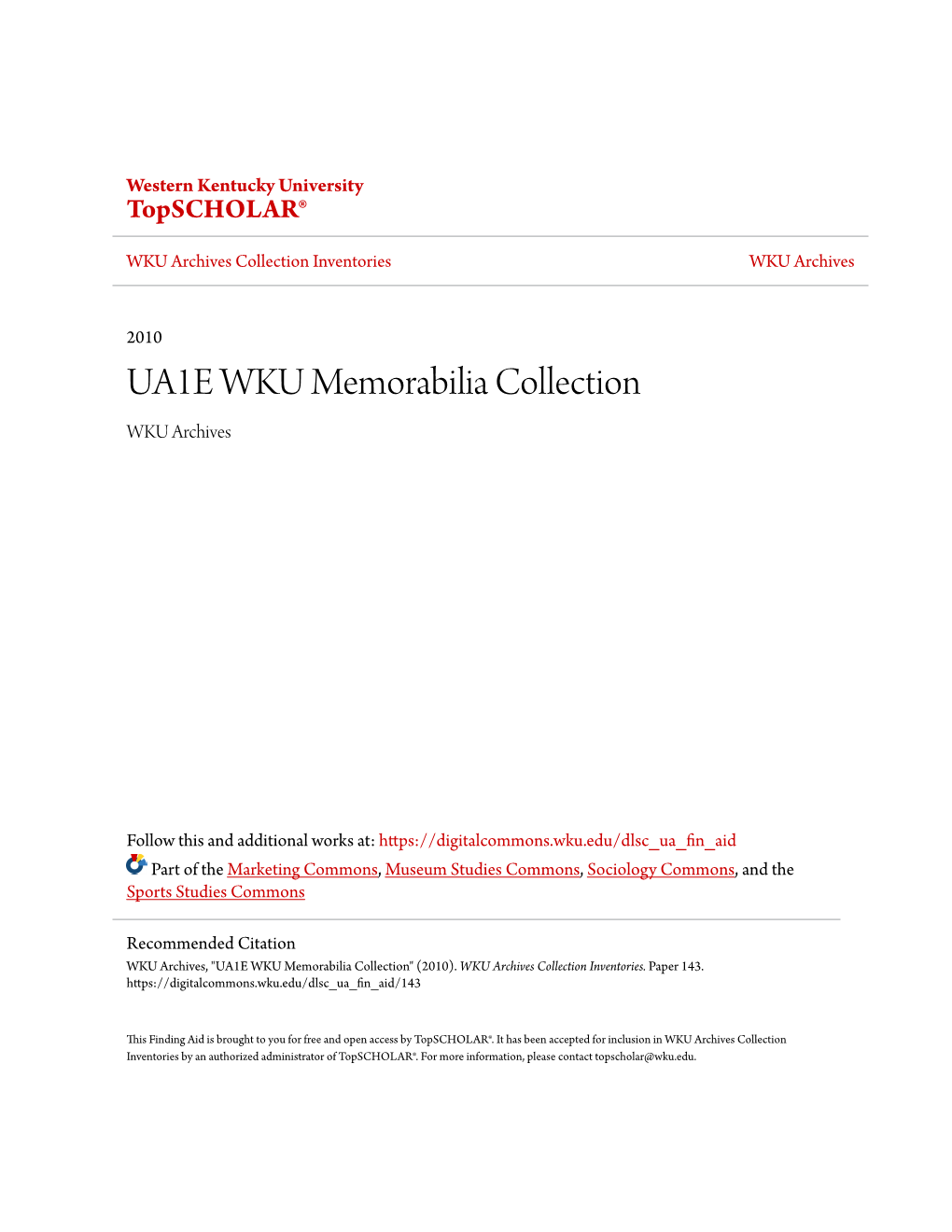 UA1E WKU Memorabilia Collection WKU Archives