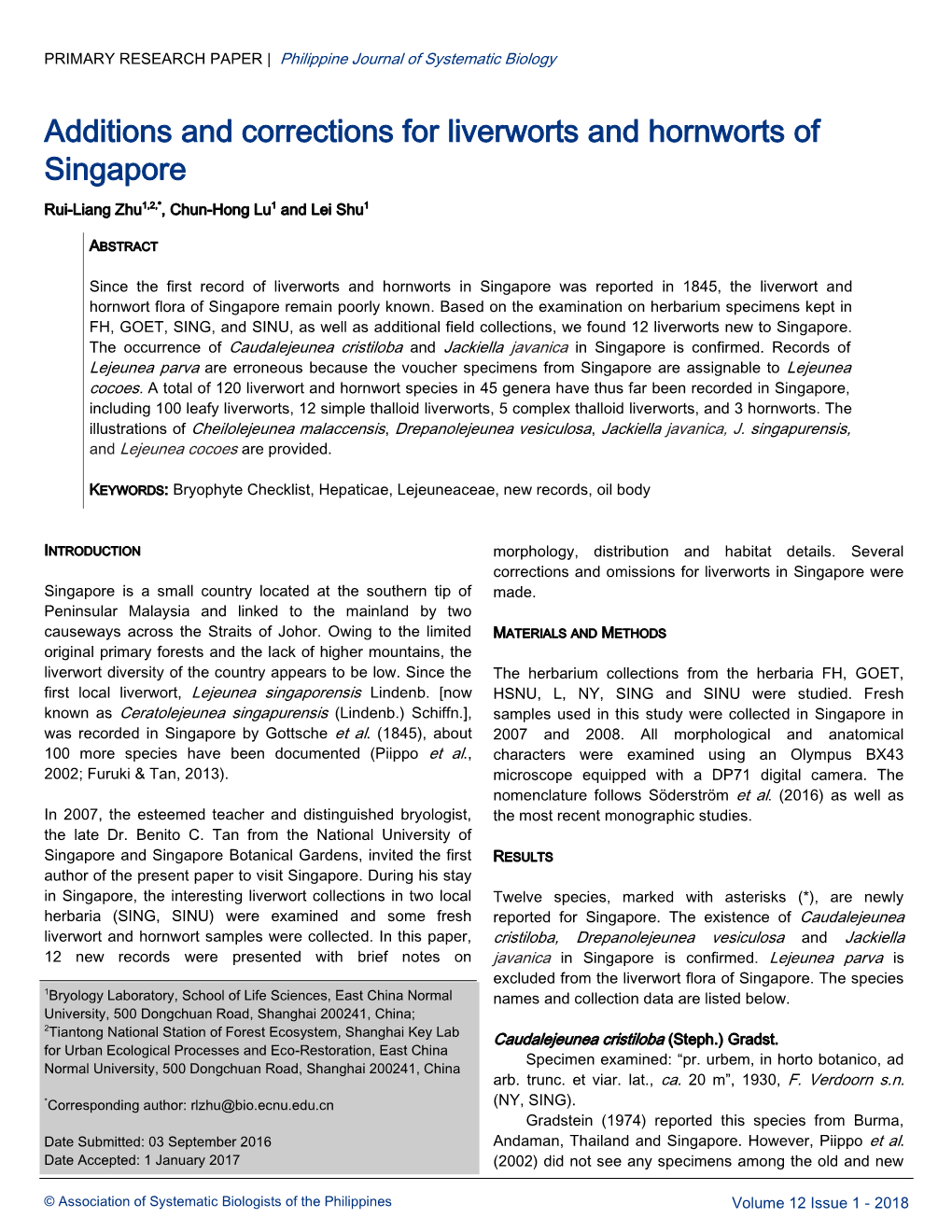 Additions and Corrections for Liverworts and Hornworts of Singapore