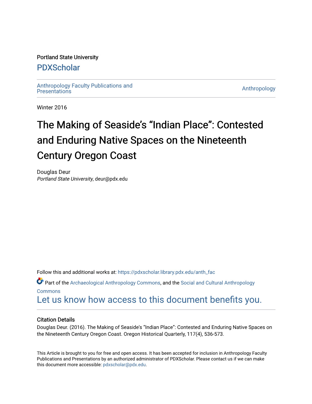 “Indian Place”: Contested and Enduring Native Spaces on the Nineteenth Century Oregon Coast