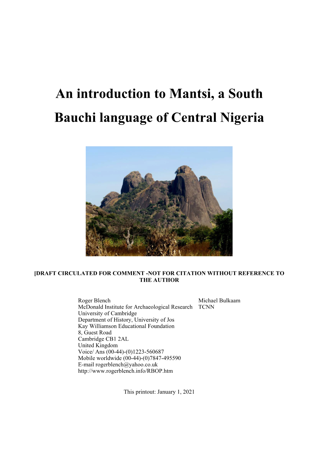 An Introduction to Mantsi, a South Bauchi Language of Central Nigeria