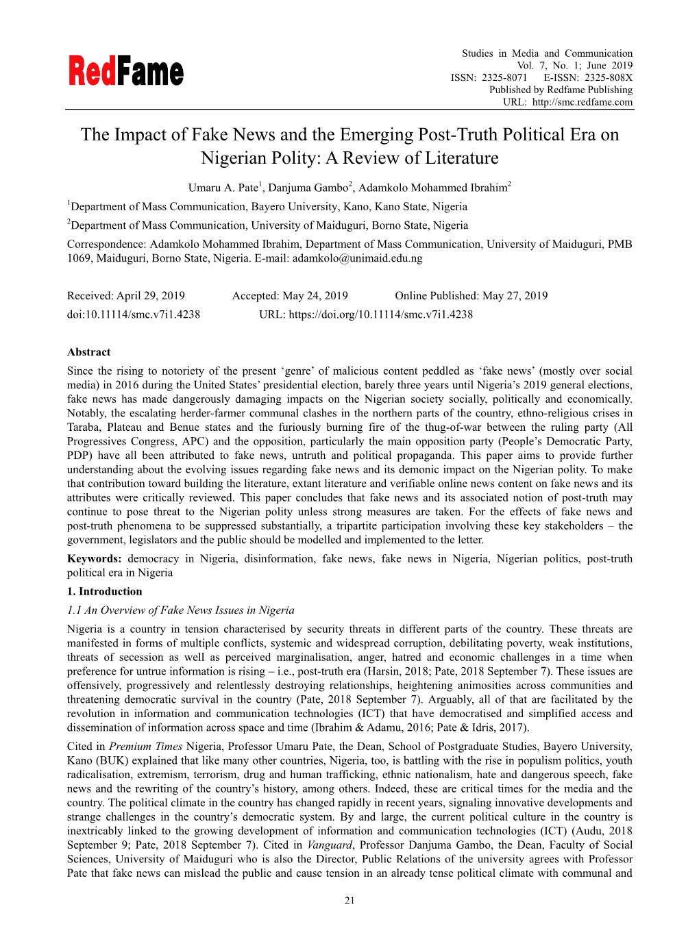 The Impact of Fake News and the Emerging Post-Truth Political Era on Nigerian Polity: a Review of Literature