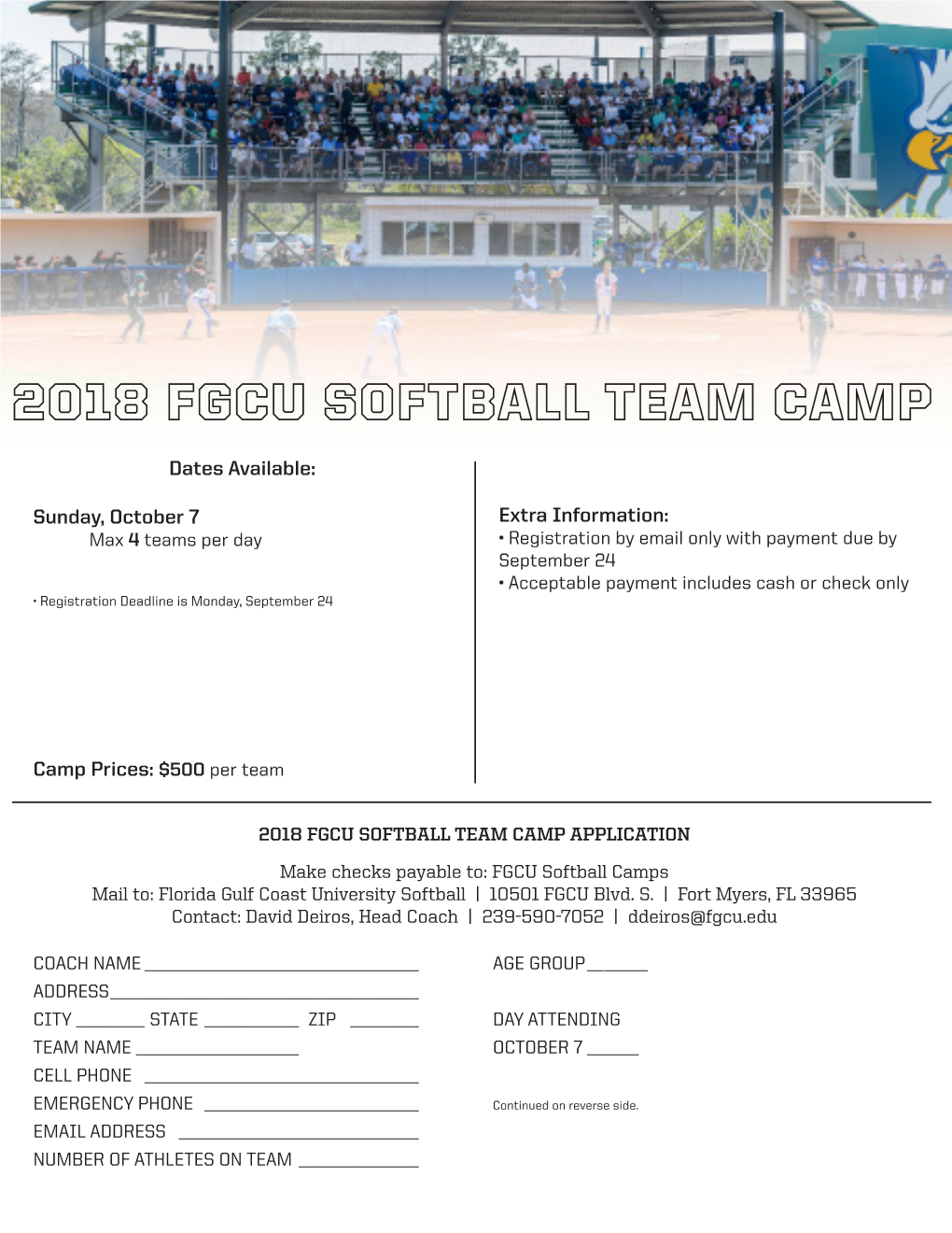 Sunday, October 7 Camp Prices: $500 Per Team Extra Information