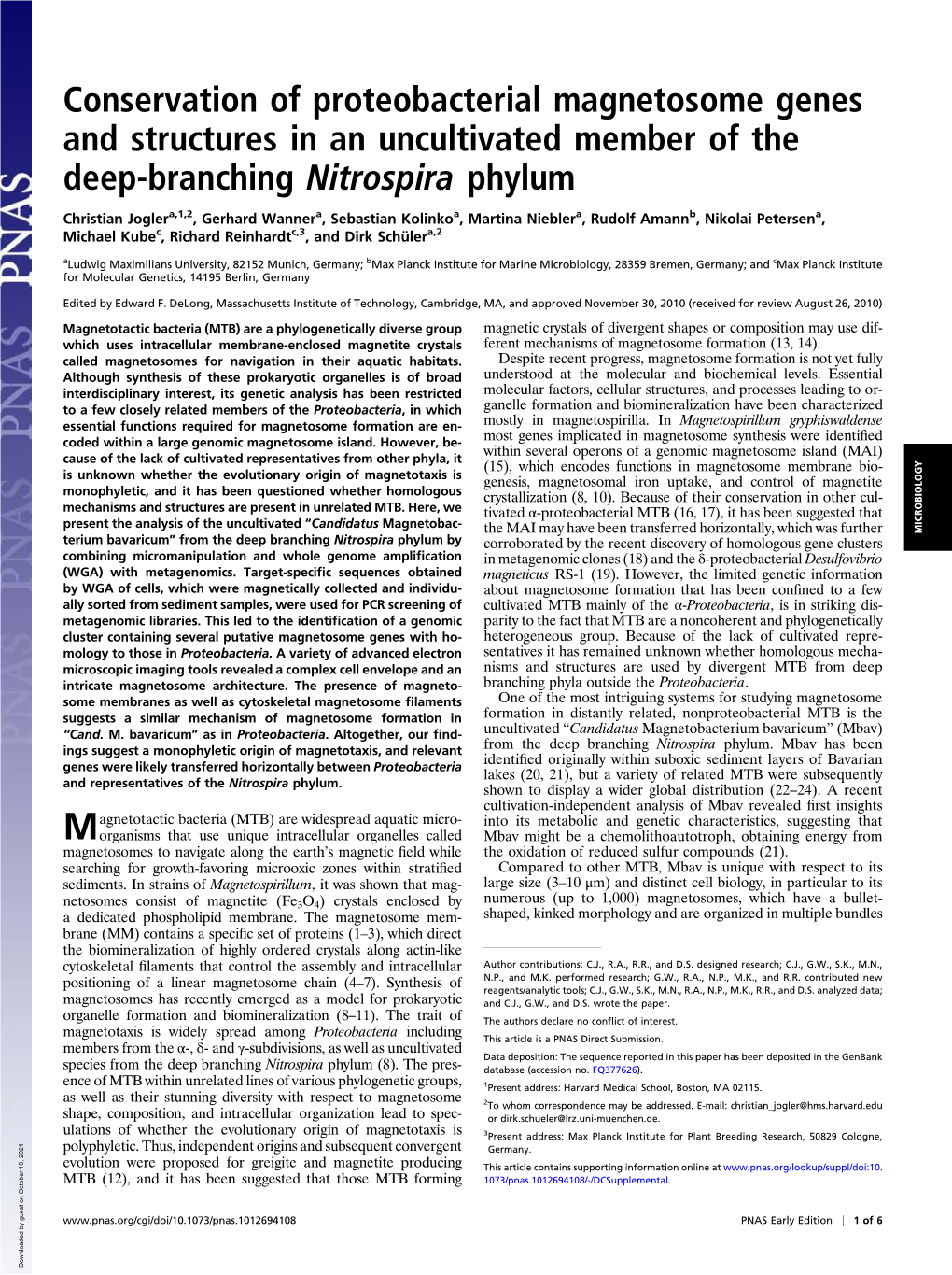 Conservation of Proteobacterial Magnetosome Genes and Structures in an Uncultivated Member of the Deep-Branching Nitrospira Phylum