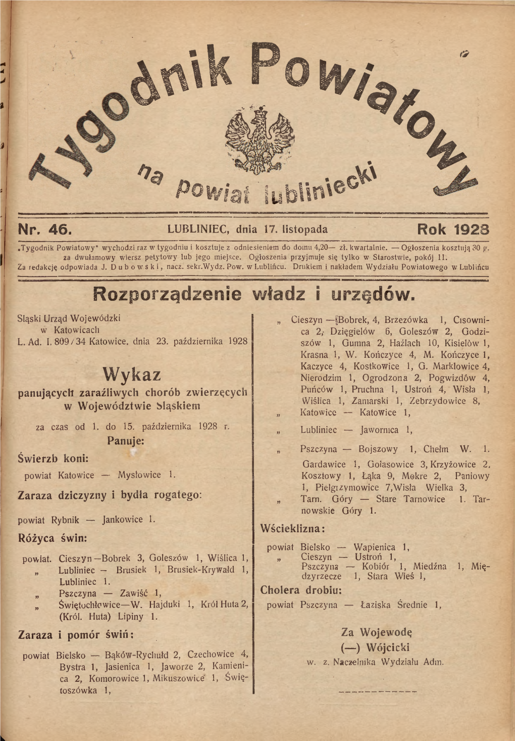 W Lublińcu. Drukiem I Nakładem Wydziału Powiatowego W Lublińcu Rozporządzenie Władz I Urzędów