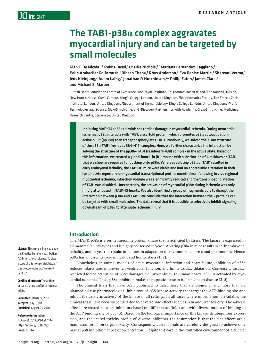 The TAB1-P38α Complex Aggravates Myocardial Injury and Can Be Targeted by Small Molecules