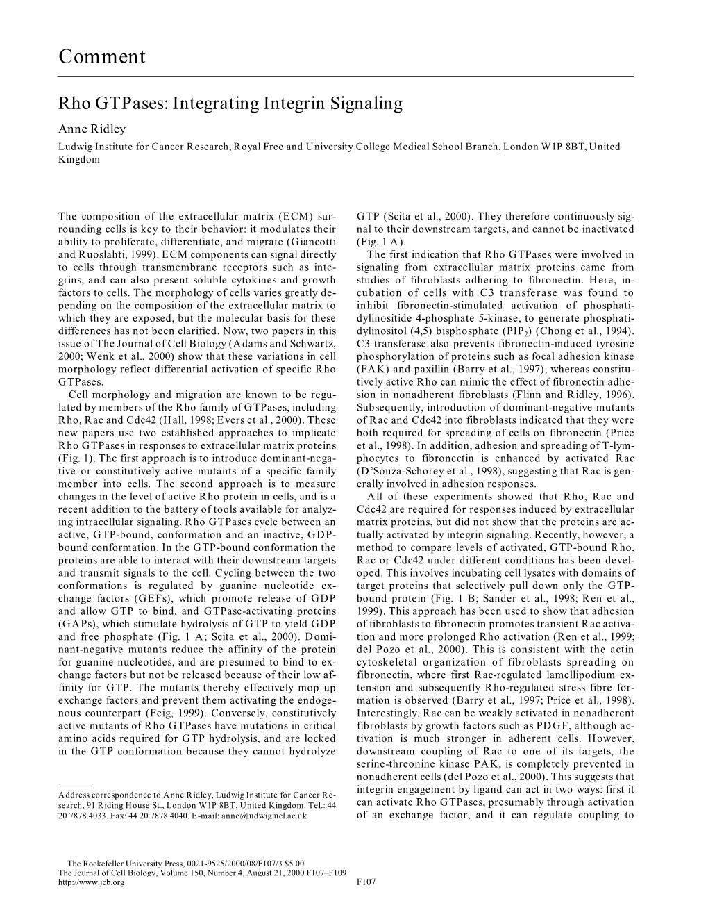 Rho Gtpases: Integrating Integrin Signaling