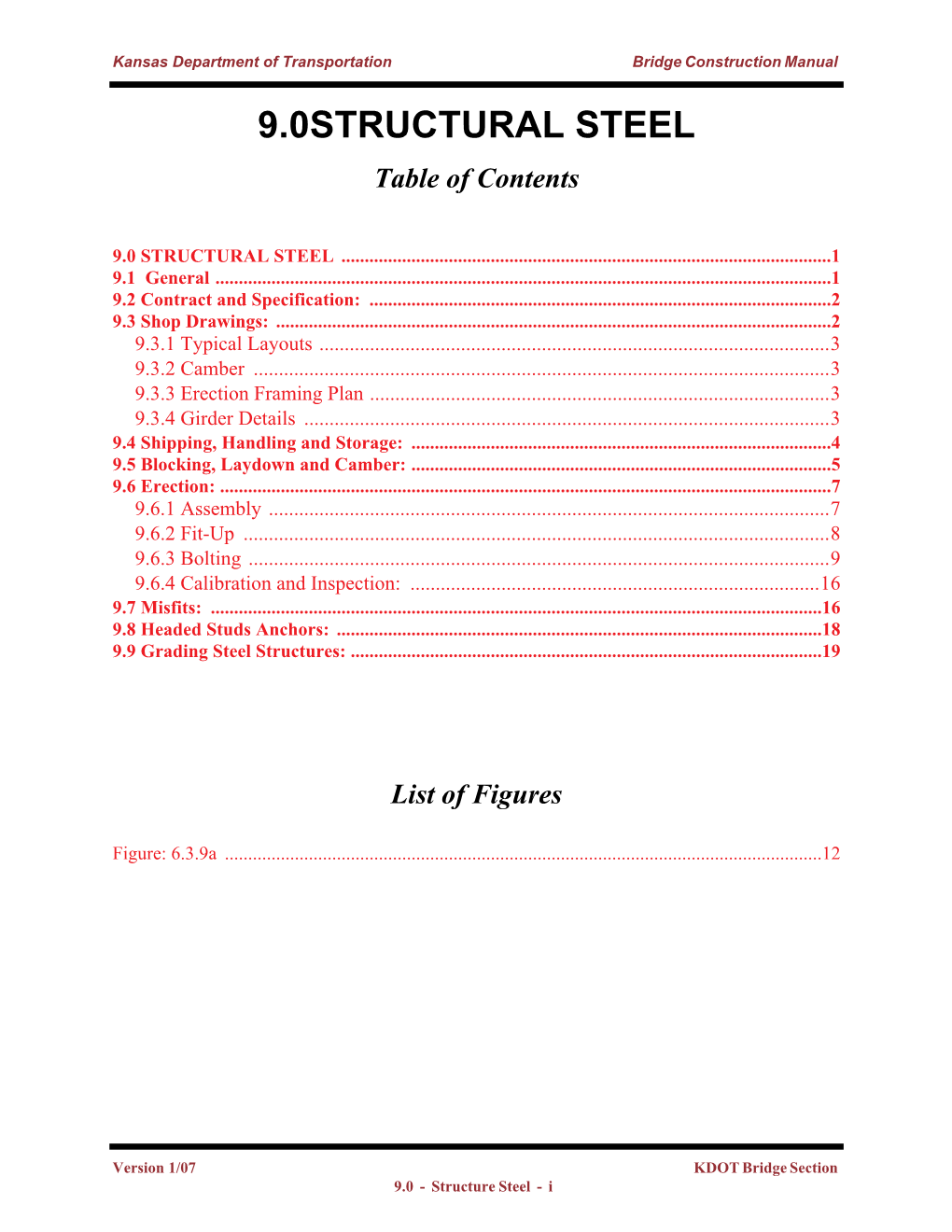 9.0STRUCTURAL STEEL Table of Contents
