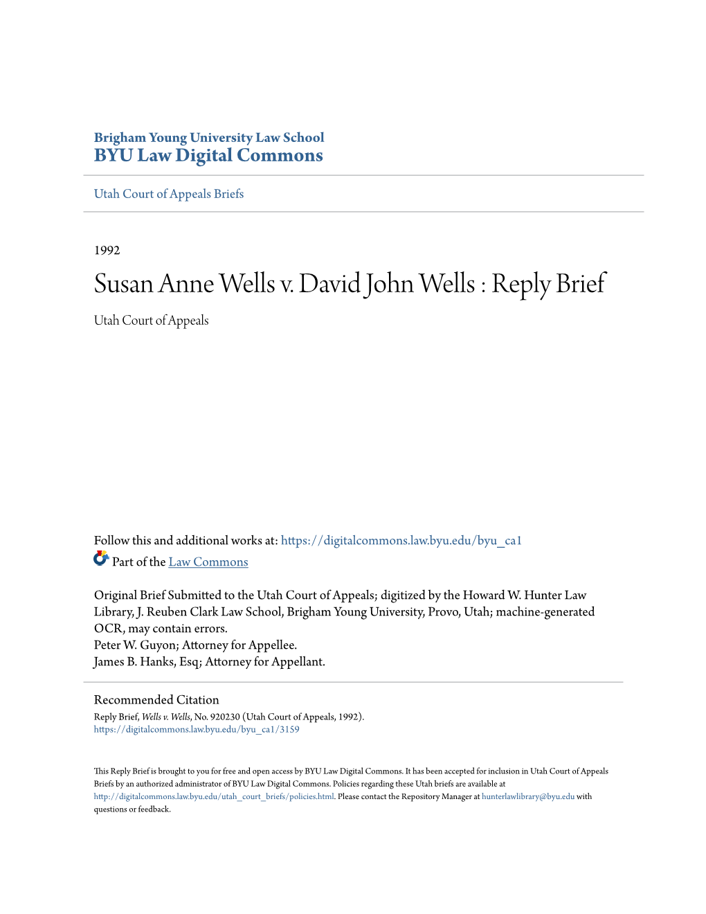 Susan Anne Wells V. David John Wells : Reply Brief Utah Court of Appeals