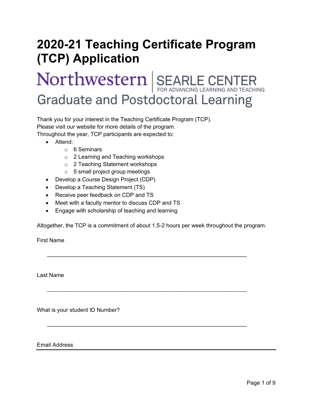 2020-21 Teaching Certificate Program (TCP) Application