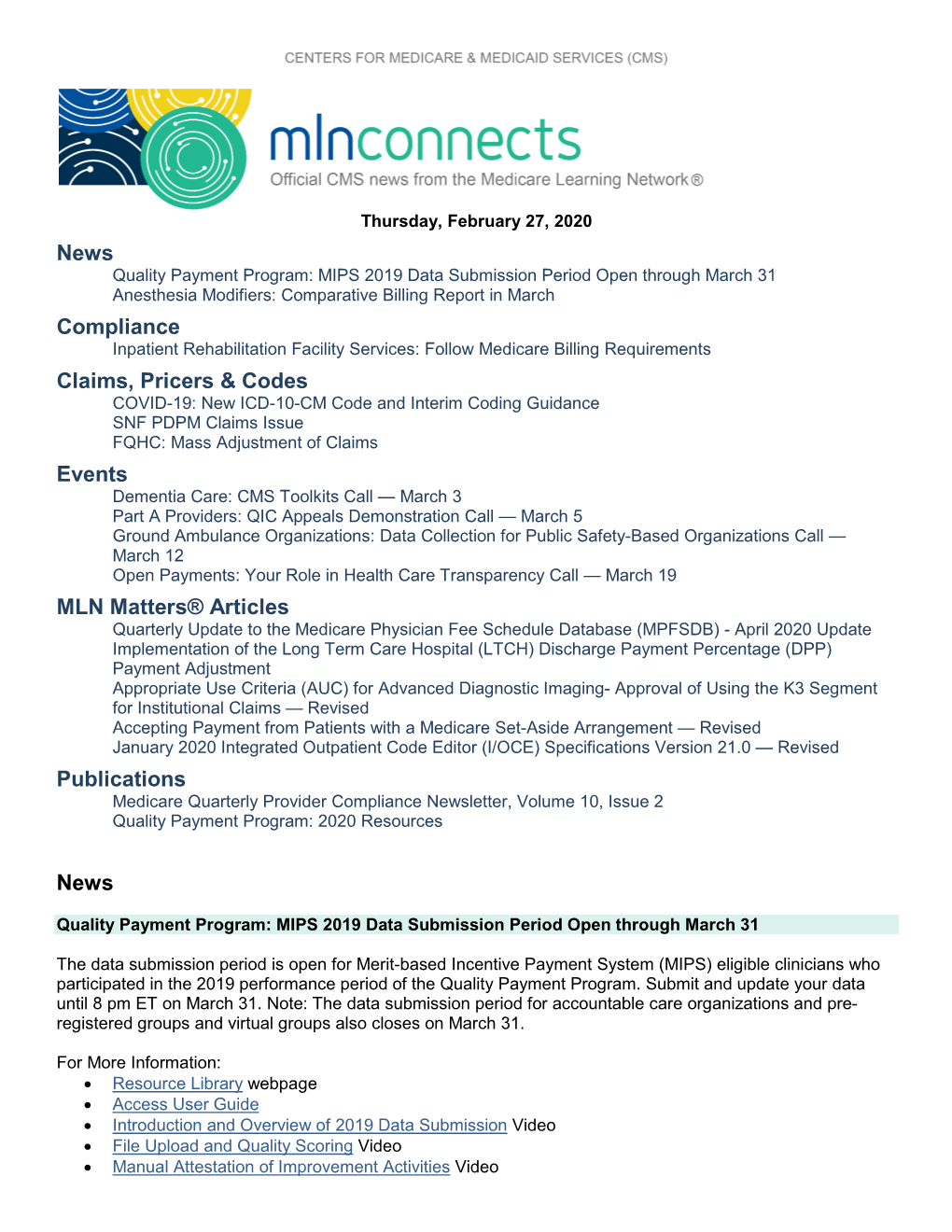 MLN Connects for Thursday, February 27, 2020