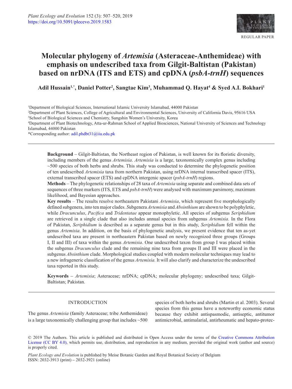 Molecular Phylogeny of Artemisia (Asteraceae-Anthemideae)