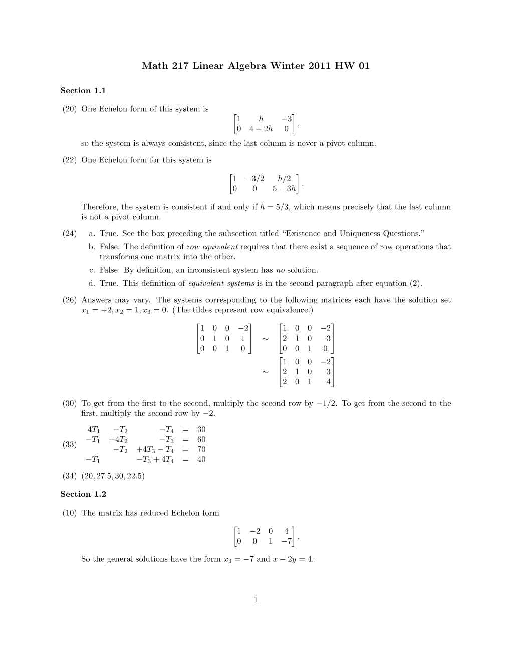Math 217 Linear Algebra Winter 2011 HW 01