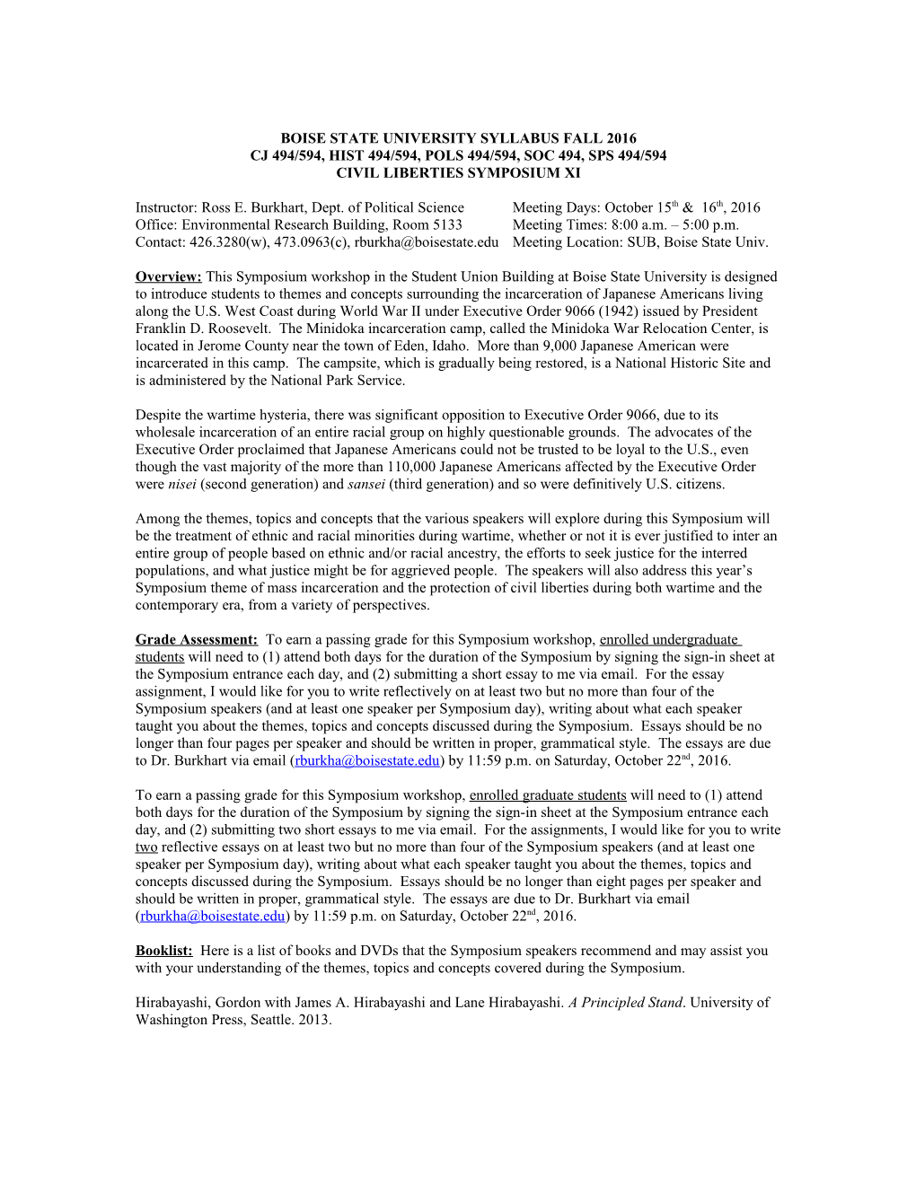 Syllabus, Minidoka Civil Liberties Symposium