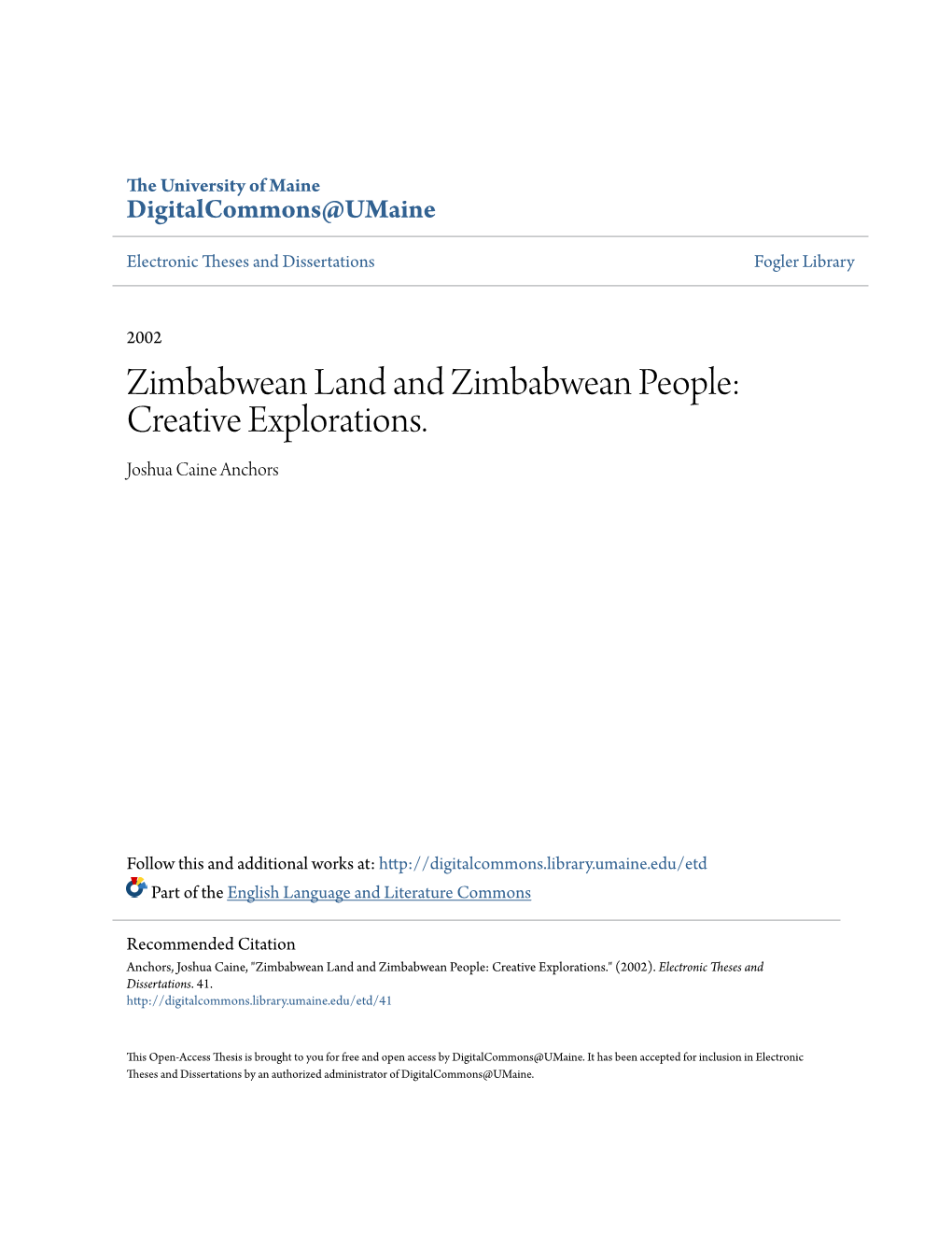 Zimbabwean Land and Zimbabwean People: Creative Explorations