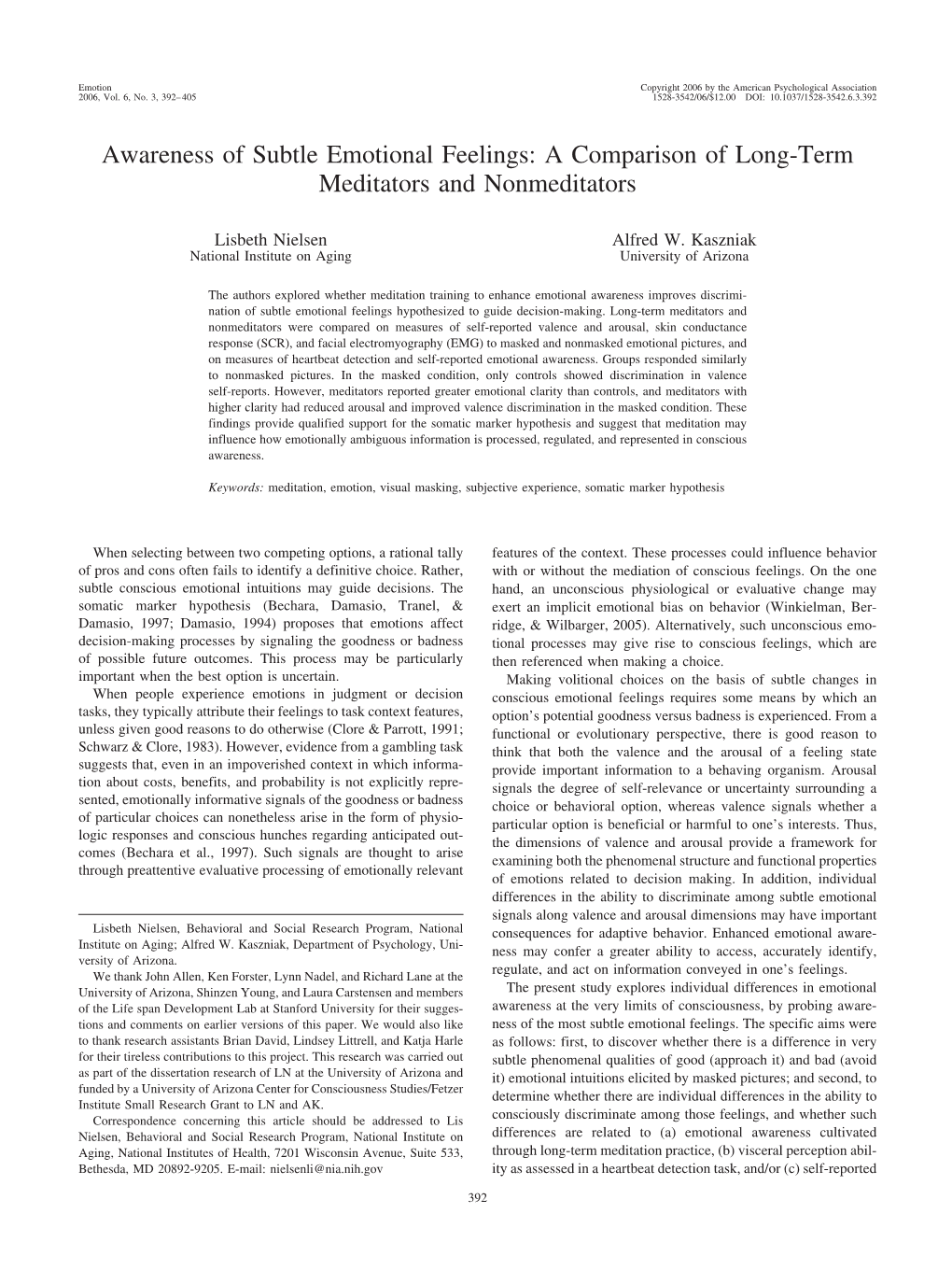 Awareness of Subtle Emotional Feelings: a Comparison of Long-Term Meditators and Nonmeditators