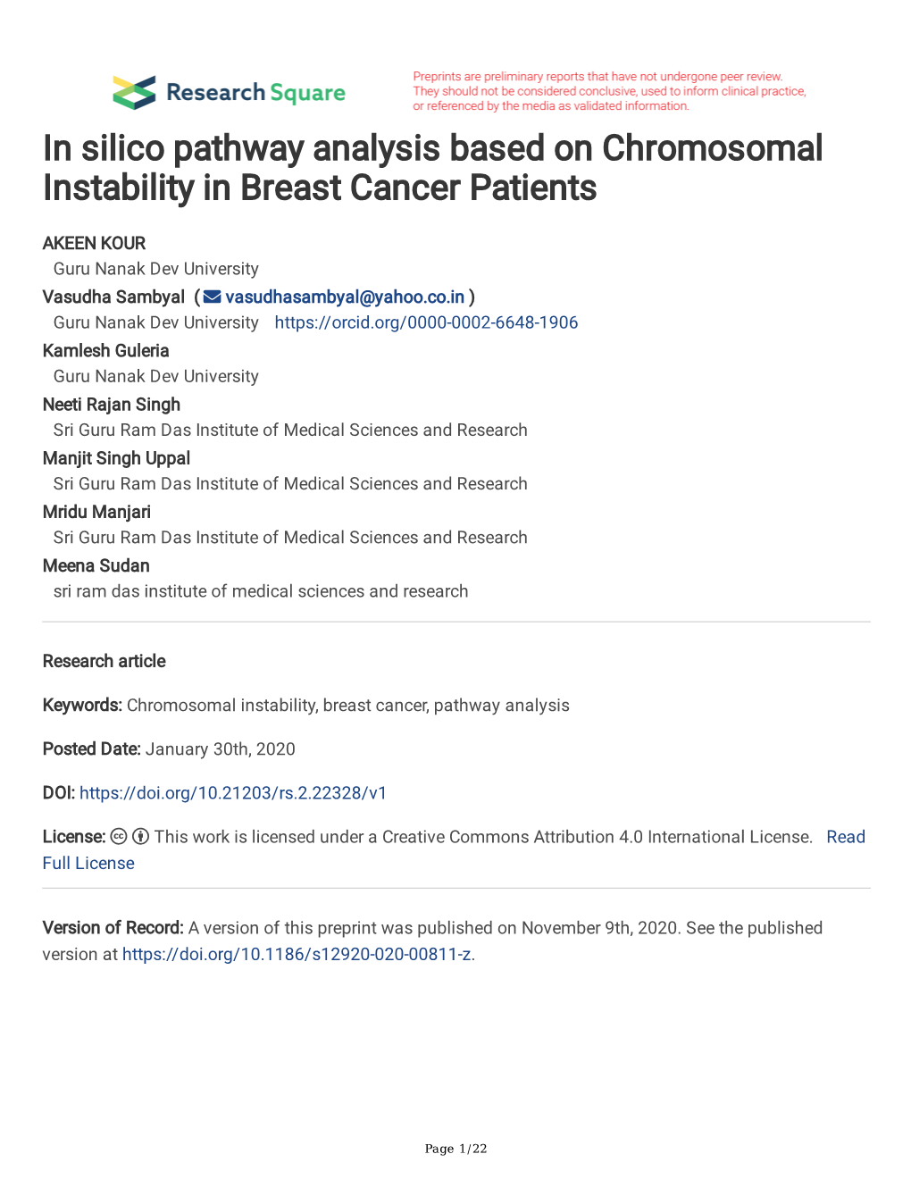 In Silico Pathway Analysis Based on Chromosomal Instability in Breast Cancer Patients
