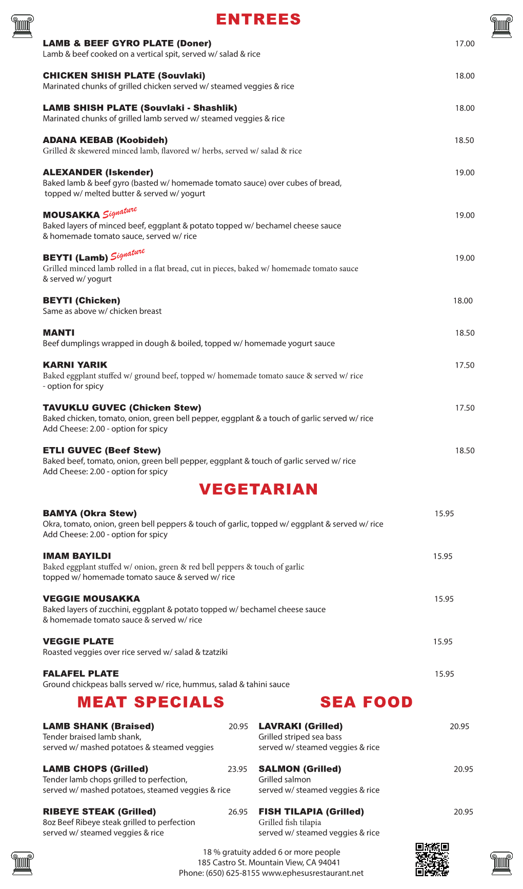 Meat Specials Sea Food Vegetarian Entrees