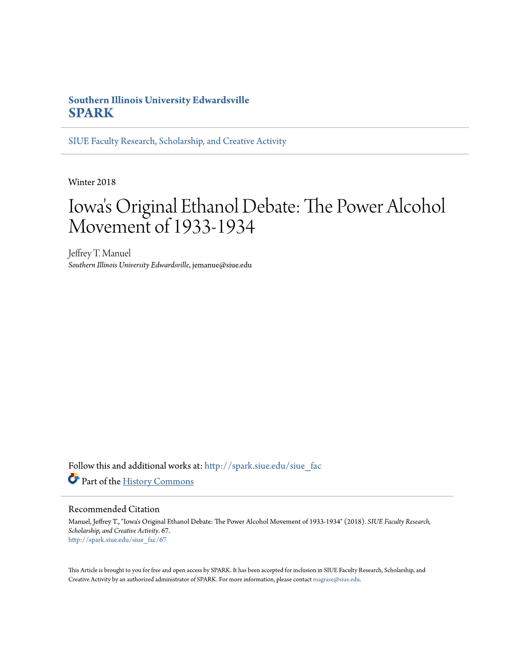Iowa's Original Ethanol Debate: the Op Wer Alcohol Movement of 1933-1934 Jeffrey T