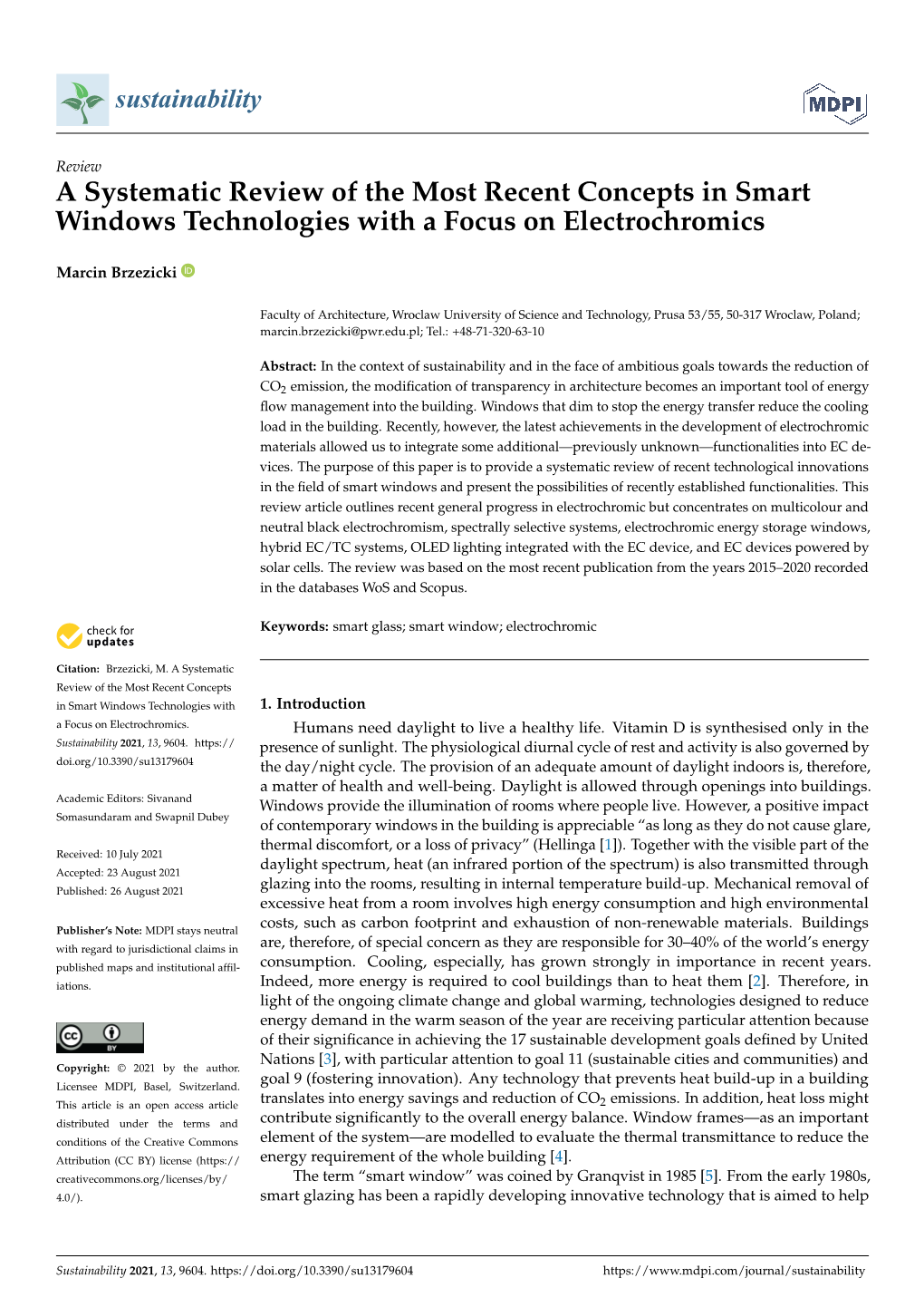 A Systematic Review of the Most Recent Concepts in Smart Windows Technologies with a Focus on Electrochromics