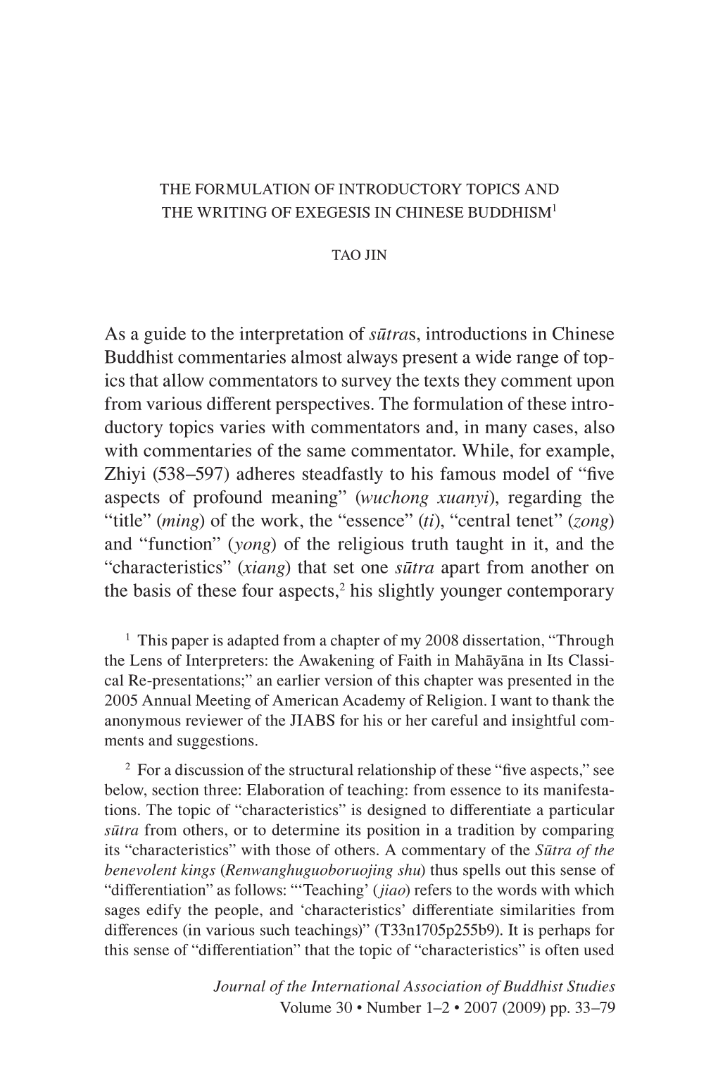 The Formulation of Introductory Topics and the Writing of Exegesis in Chinese Buddhism1