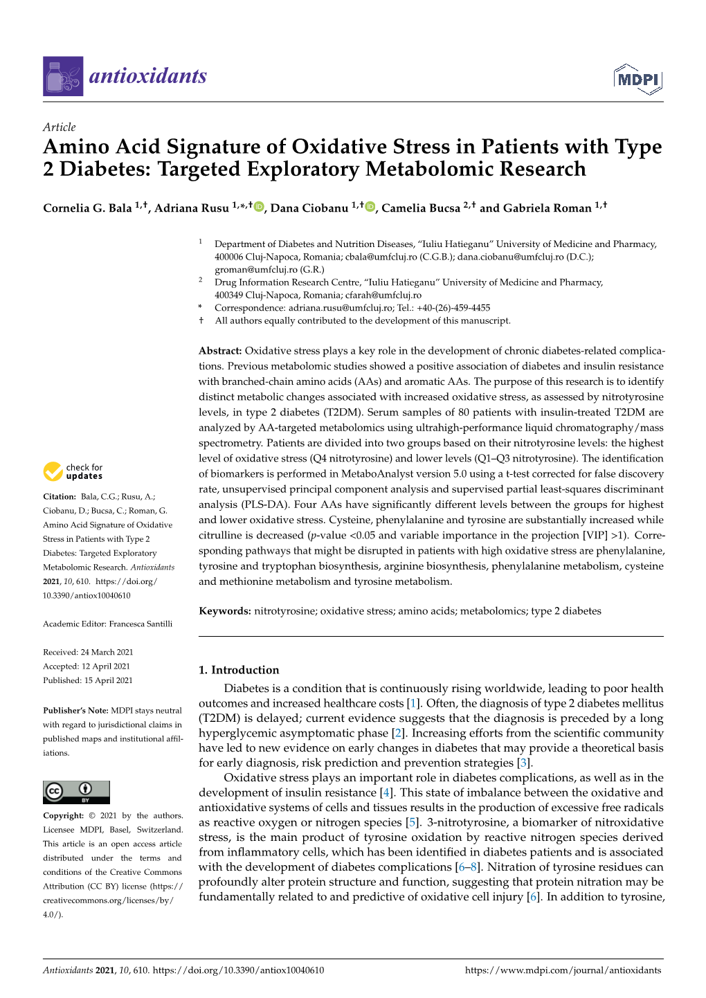 Amino Acid Signature of Oxidative Stress in Patients with Type 2 Diabetes: Targeted Exploratory Metabolomic Research