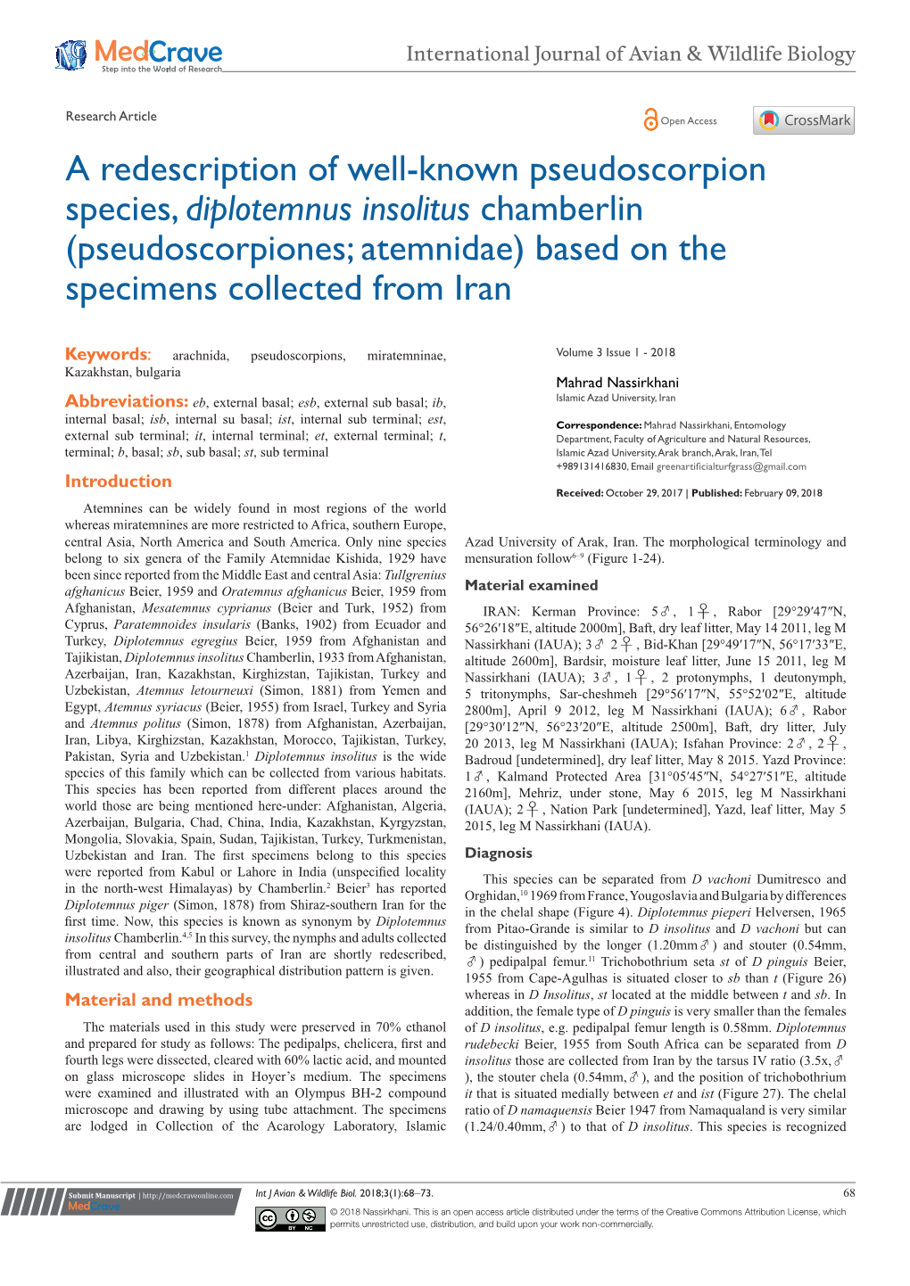 A Redescription of Well-Known Pseudoscorpion Species, Diplotemnus Insolitus Chamberlin (Pseudoscorpiones; Atemnidae) Based on the Specimens Collected from Iran