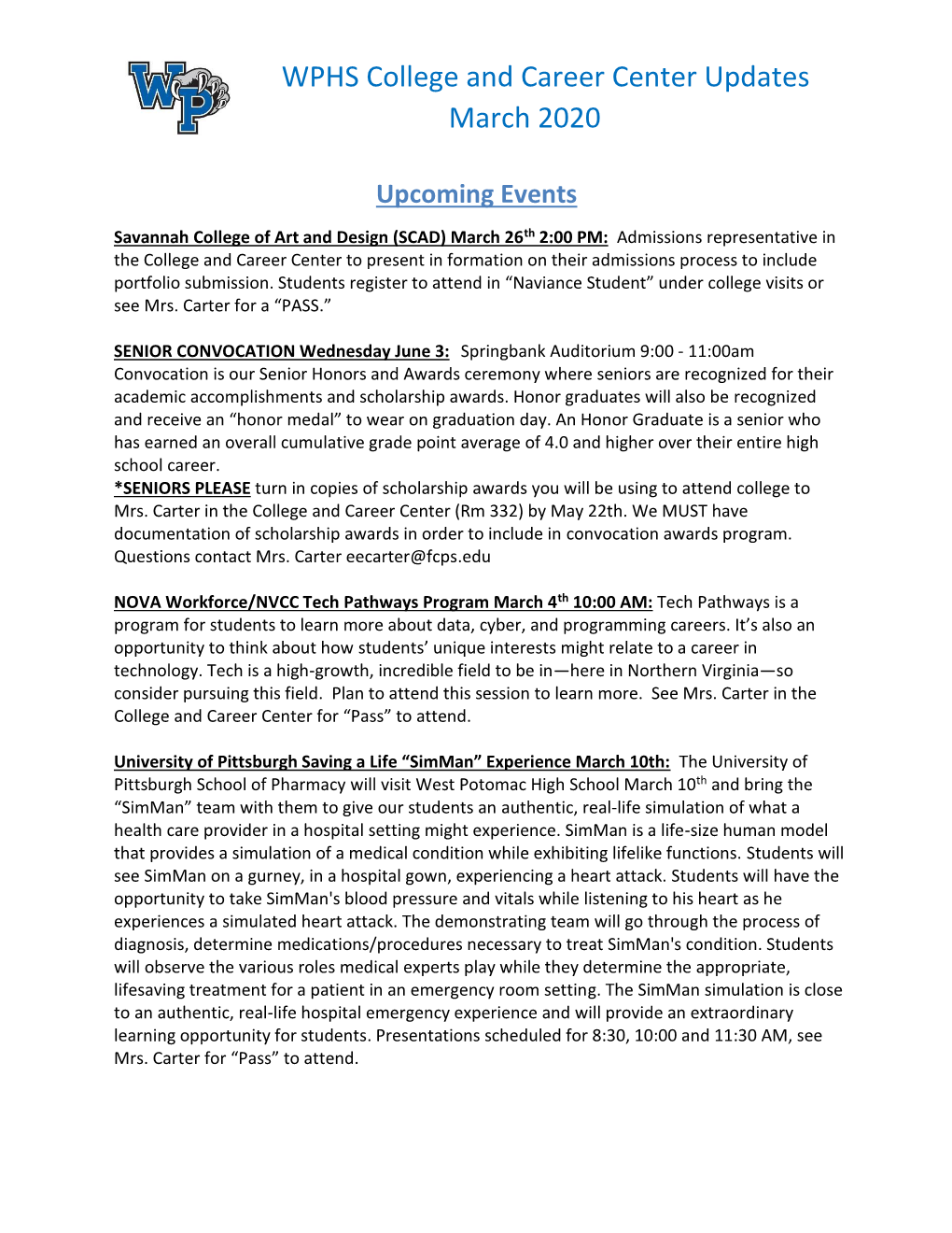 WPHS College and Career Center Updates March 2020